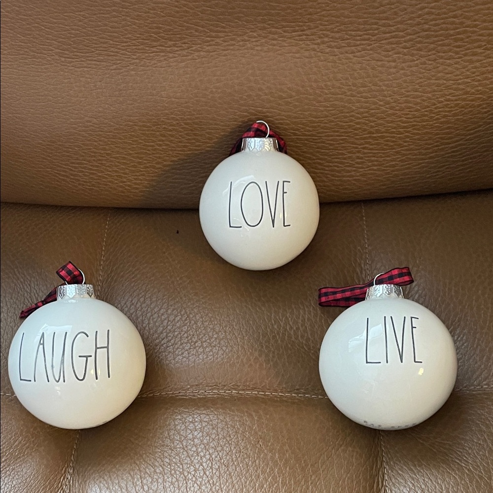 Rae Dunn Cream Ornaments with Black Text